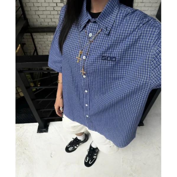 Retro Blue Check Plaid Shirt