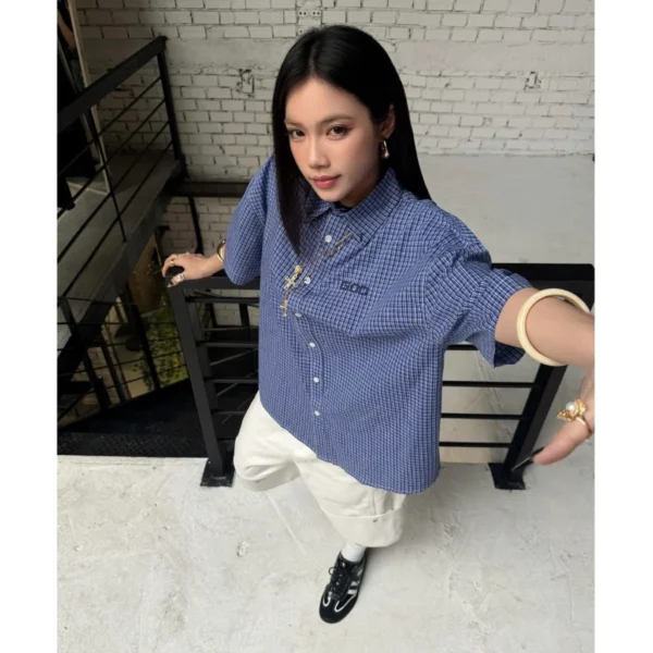 Retro Blue Check Plaid Shirt